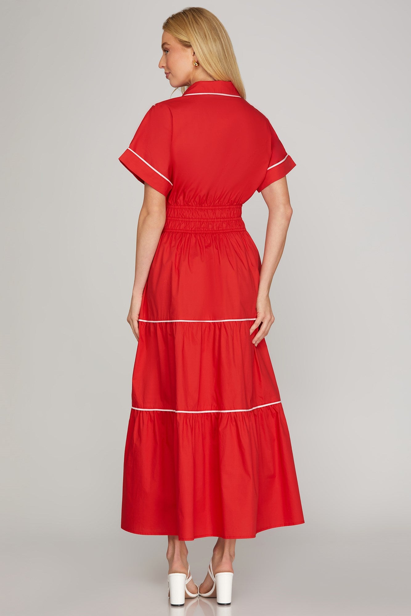 VESTIDO MAXI ROJO LINEAS BLANCAS