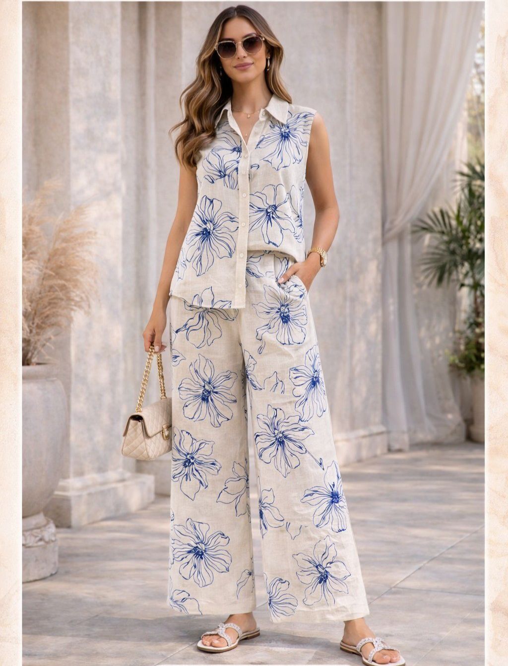 SET BEIGE FLORES AZULES