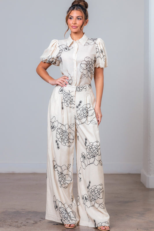SET BEIGE FLORES NEGRAS