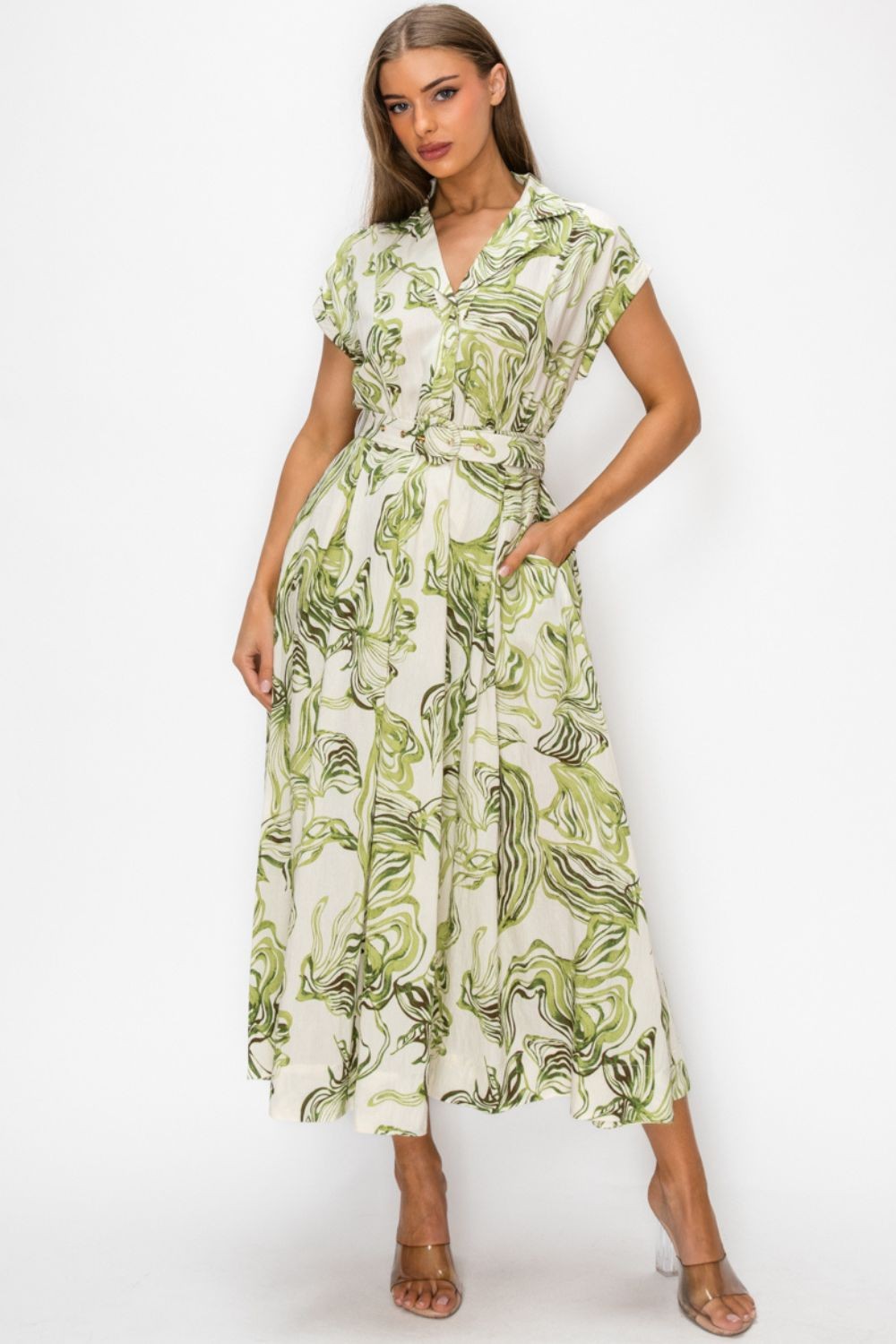 VESTIDO MIDI VERDE CON CINTURÓN