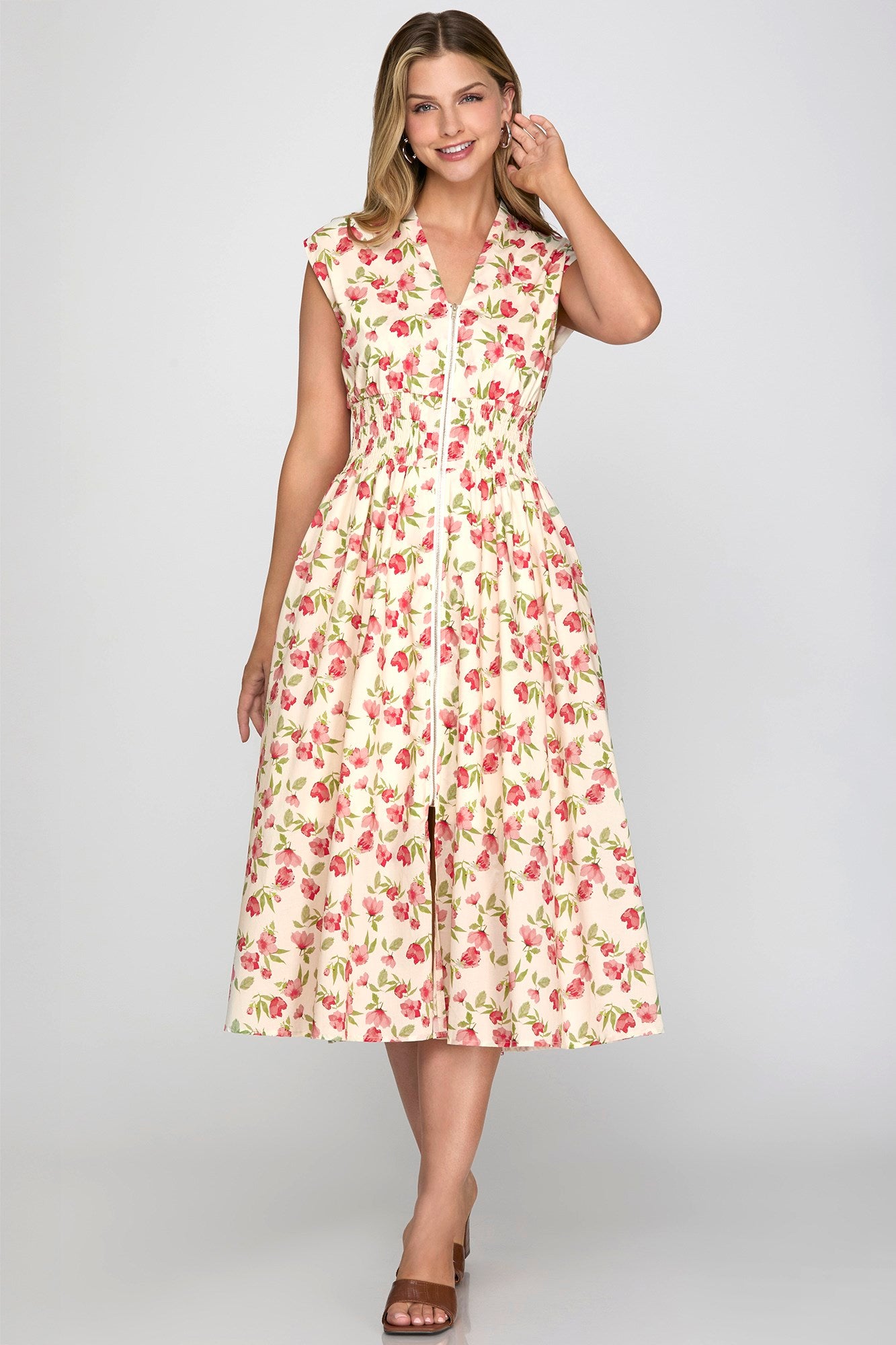 VESTIDO MIDI ROJO FLOREADO