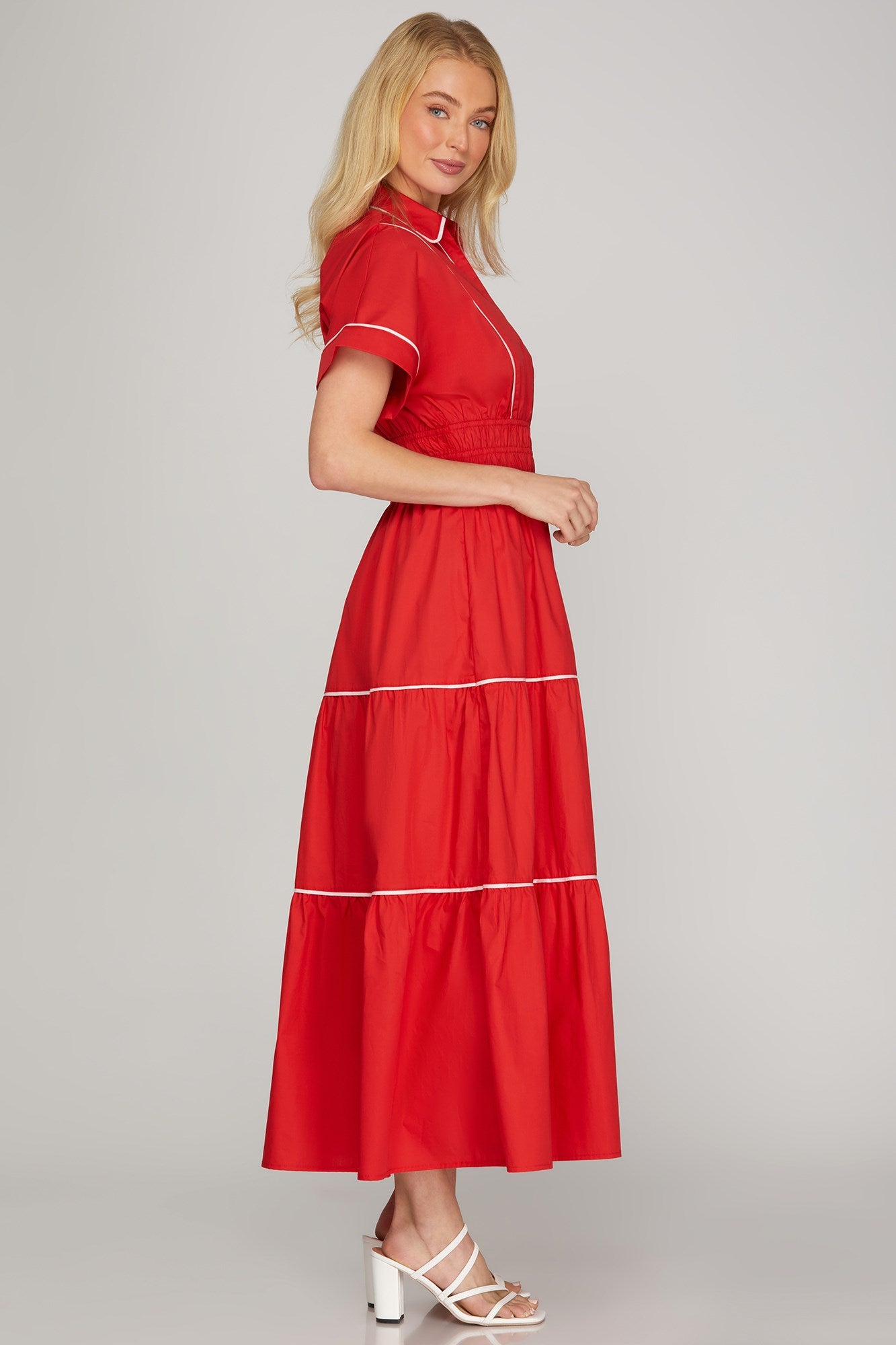 VESTIDO MAXI ROJO LINEAS BLANCAS