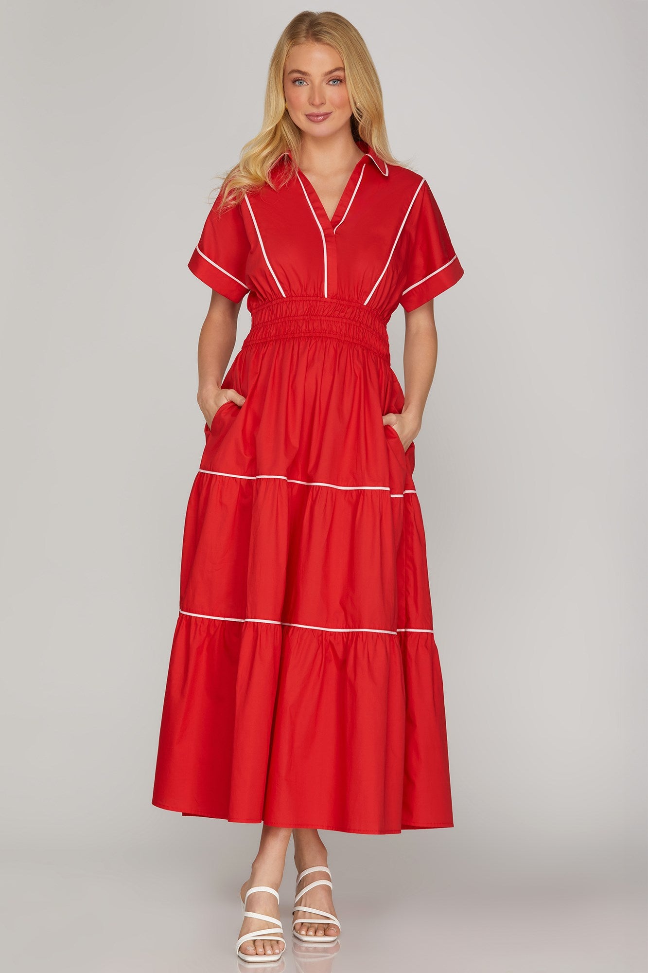 VESTIDO MAXI ROJO LINEAS BLANCAS