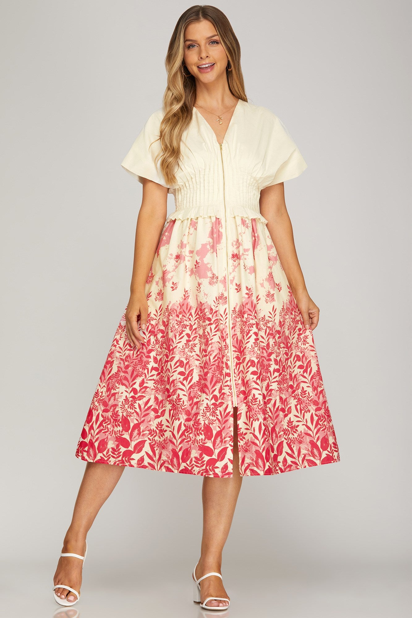 VESTIDO MIDI BEIGE/ROSA
