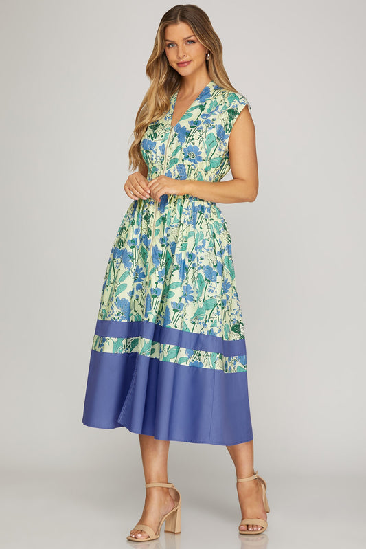 VESTIDO MIDI AZUL ESTAMPADO