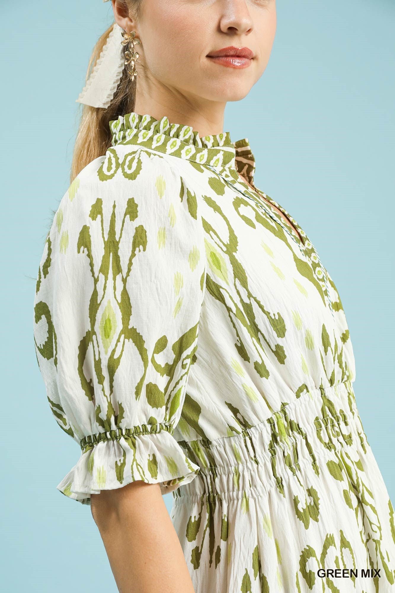 VESTIDO MIDI ESTAMPADO VERDE CON MANGAS