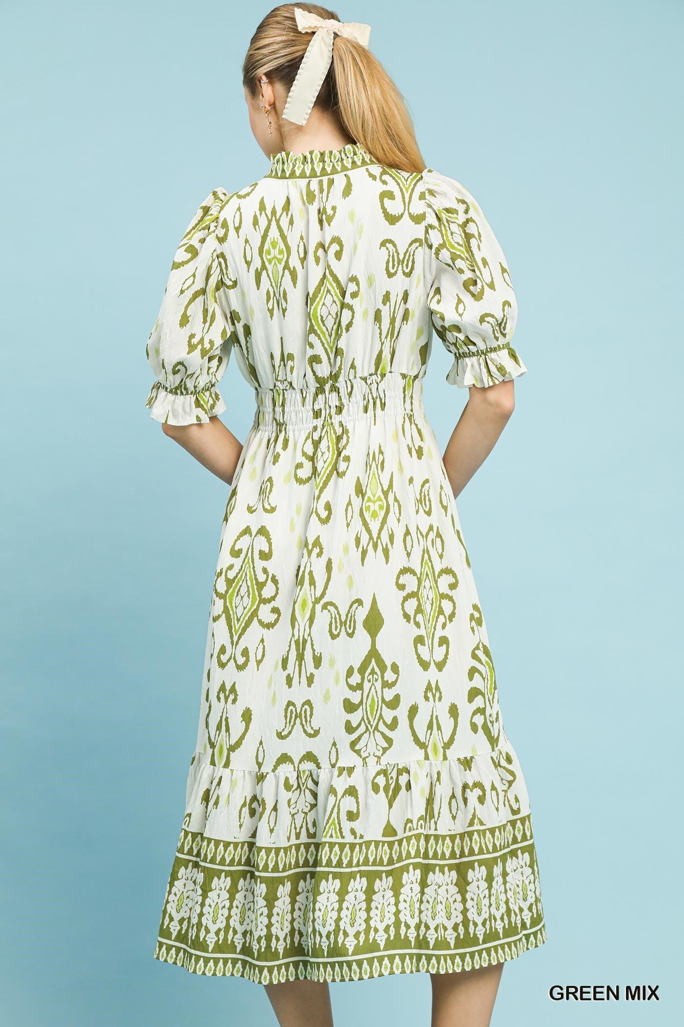 VESTIDO MIDI ESTAMPADO VERDE CON MANGAS