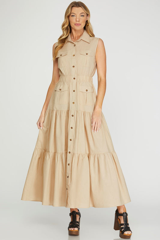 VESTIDO LARGO BEIGE SIN MANGA