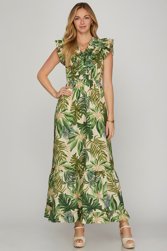 VESTIDO HOJAS VERDE LARGO