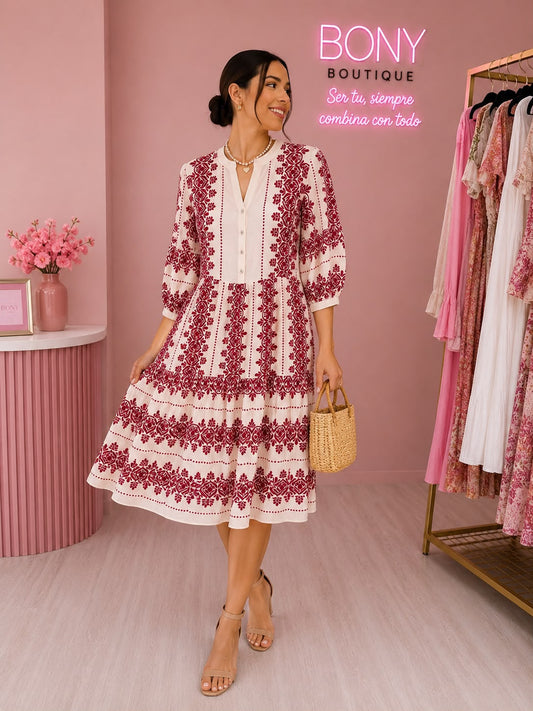 VESTIDO MIDI ROJO/BEIGE
