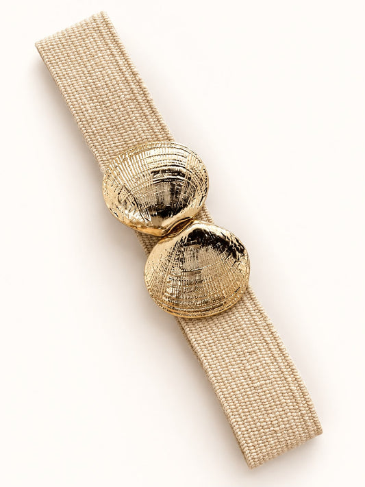 CINTURÓN BEIGE CONCHAS DORADAS